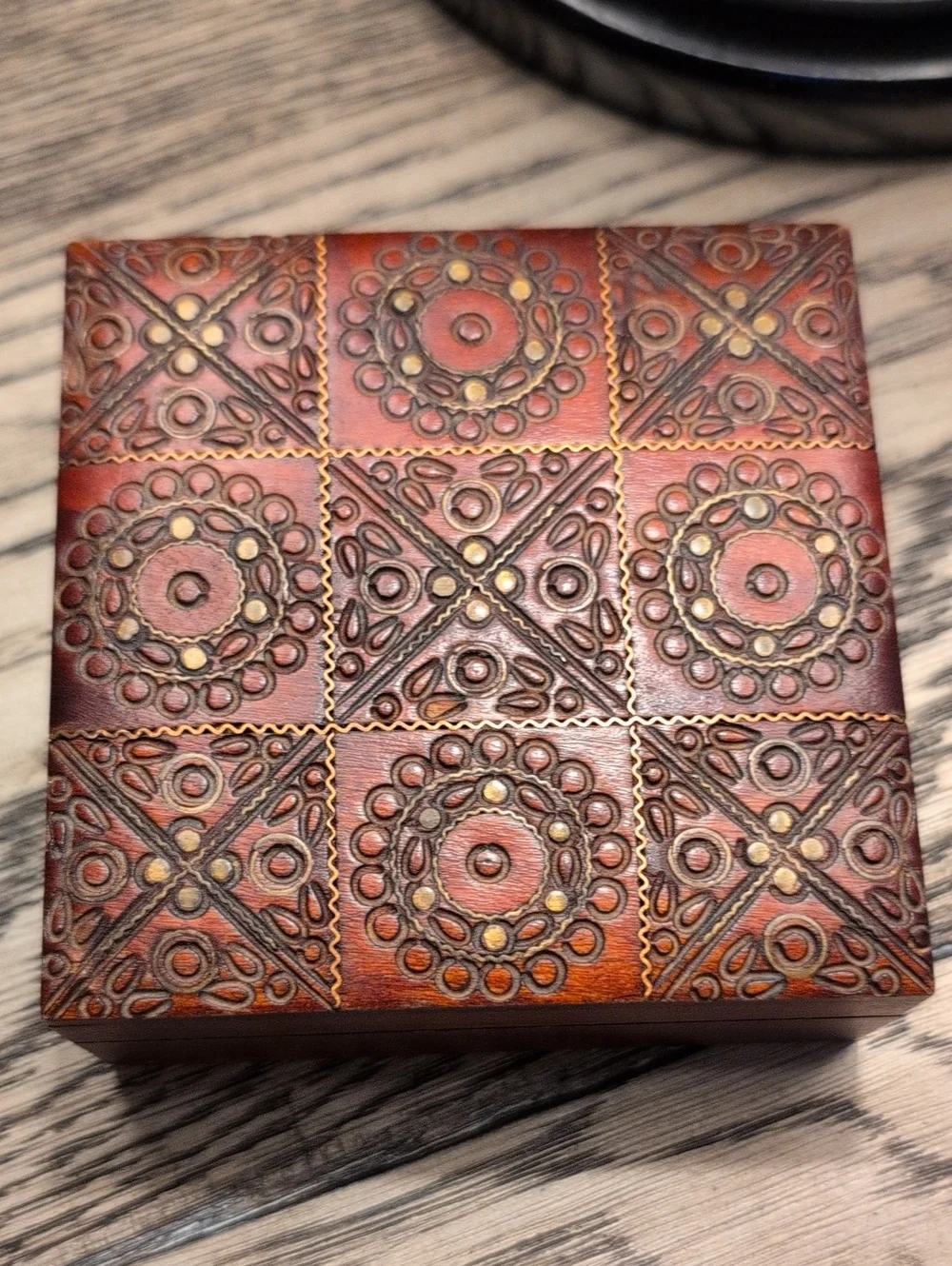 Vintage Square Hand Carved Wooden Accent Box Hinged Lid Trinket Box Brass Inlay